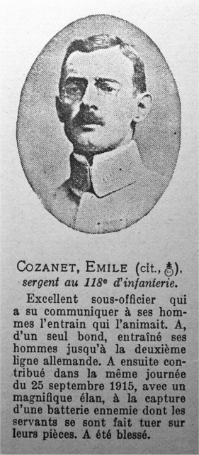 Citation au tableau d` Honneur 1914-1918 : Emile COZANET